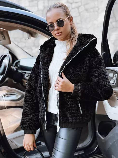 Sieviešu melna kažokādas jaka ar kapuci Jules