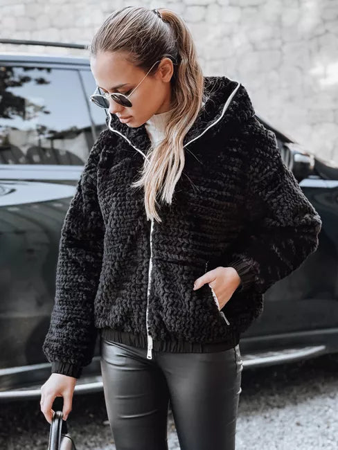 Sieviešu melna kažokādas jaka ar kapuci Jules