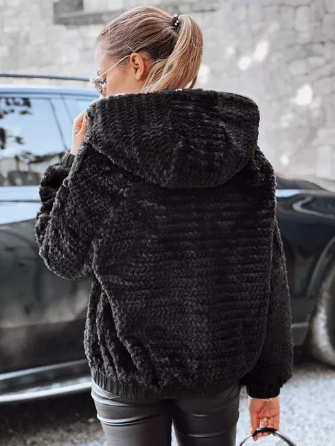 Sieviešu melna kažokādas jaka ar kapuci Jules