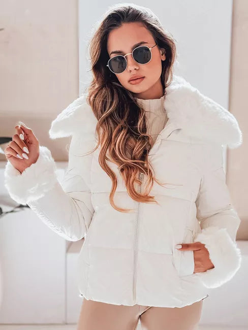 Sieviešu balta īsa jaka ar kažokādu Flora