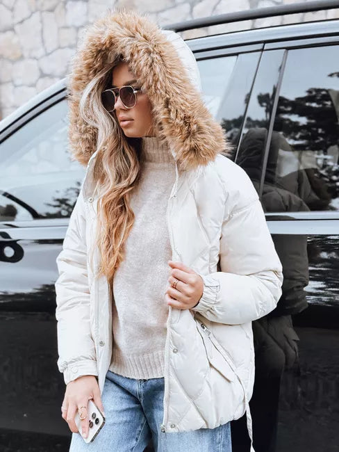 Sieviešu balta ziemas jaka ar kapuci Mari