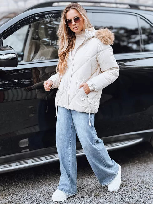 Sieviešu balta ziemas jaka ar kapuci Mari