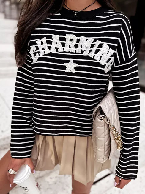 Sieviešu svītrains melns džemperis Charming