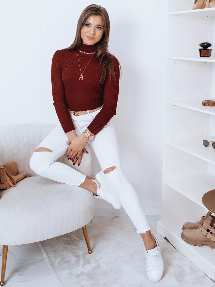 Sarkans džemperis ar augstu apkakli un sudraba krāsā