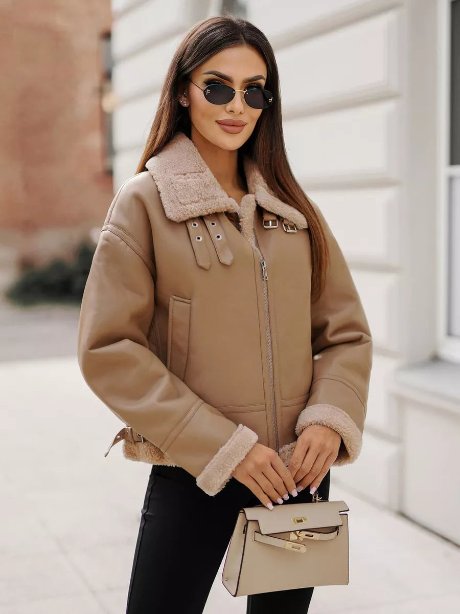 Sieviešu brūna ādas jaka ar kažokādu Maria