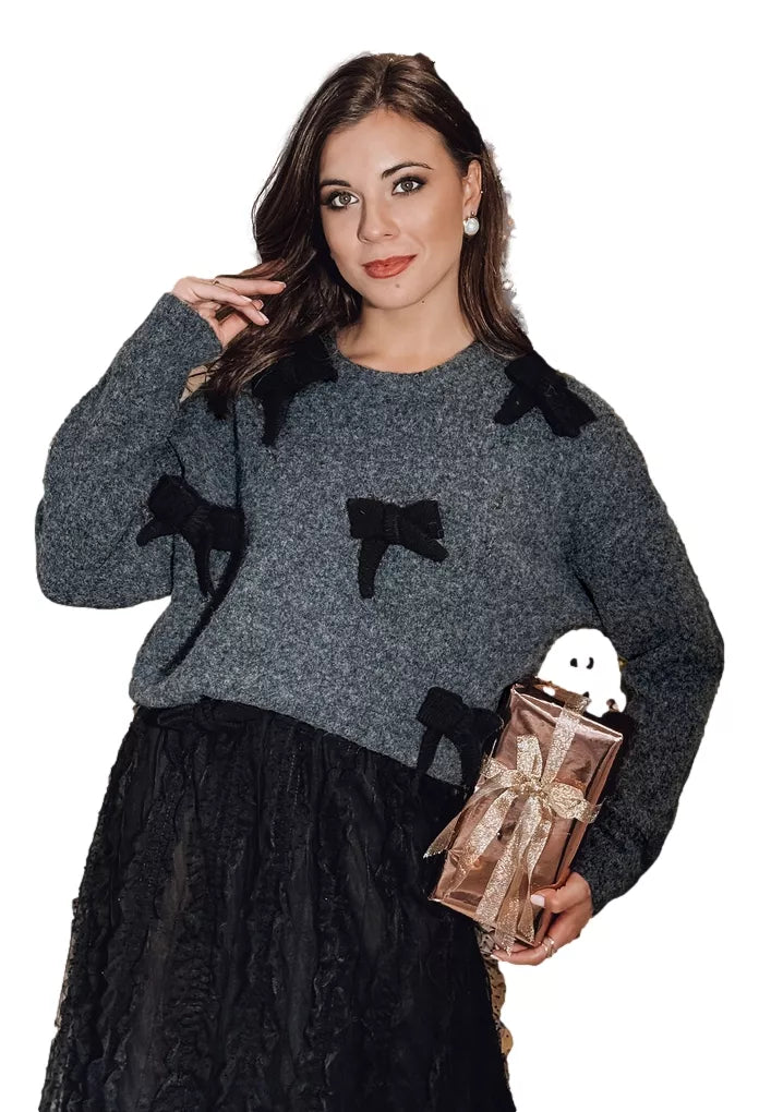 Sieviešu melns džemperis ar bantīti