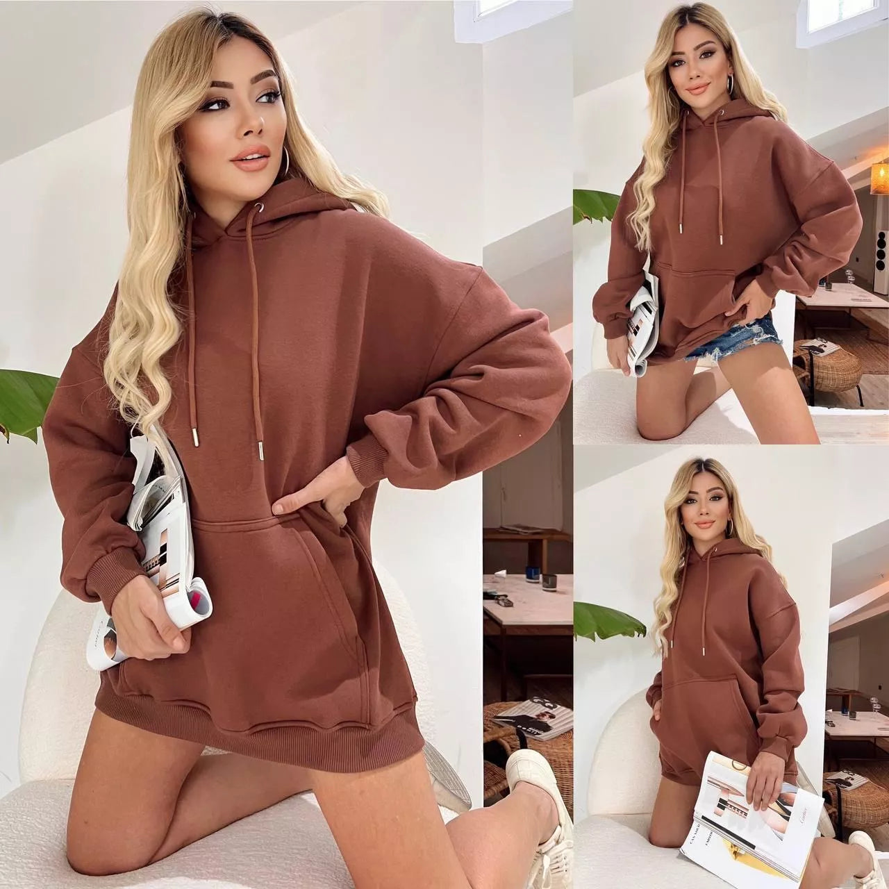 Sieviešu tumši brūna tunika ar kapuci Narol