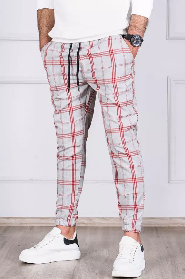 Vīriešu gaiši pelēkas bikses ar sarkanām svītrām Merlot