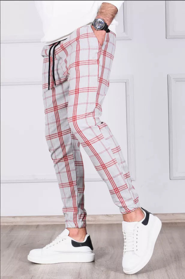 Vīriešu gaiši pelēkas bikses ar sarkanām svītrām Merlot