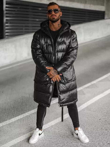 Melna, spīdīga vīriešu jaka ar kapuci Monakko