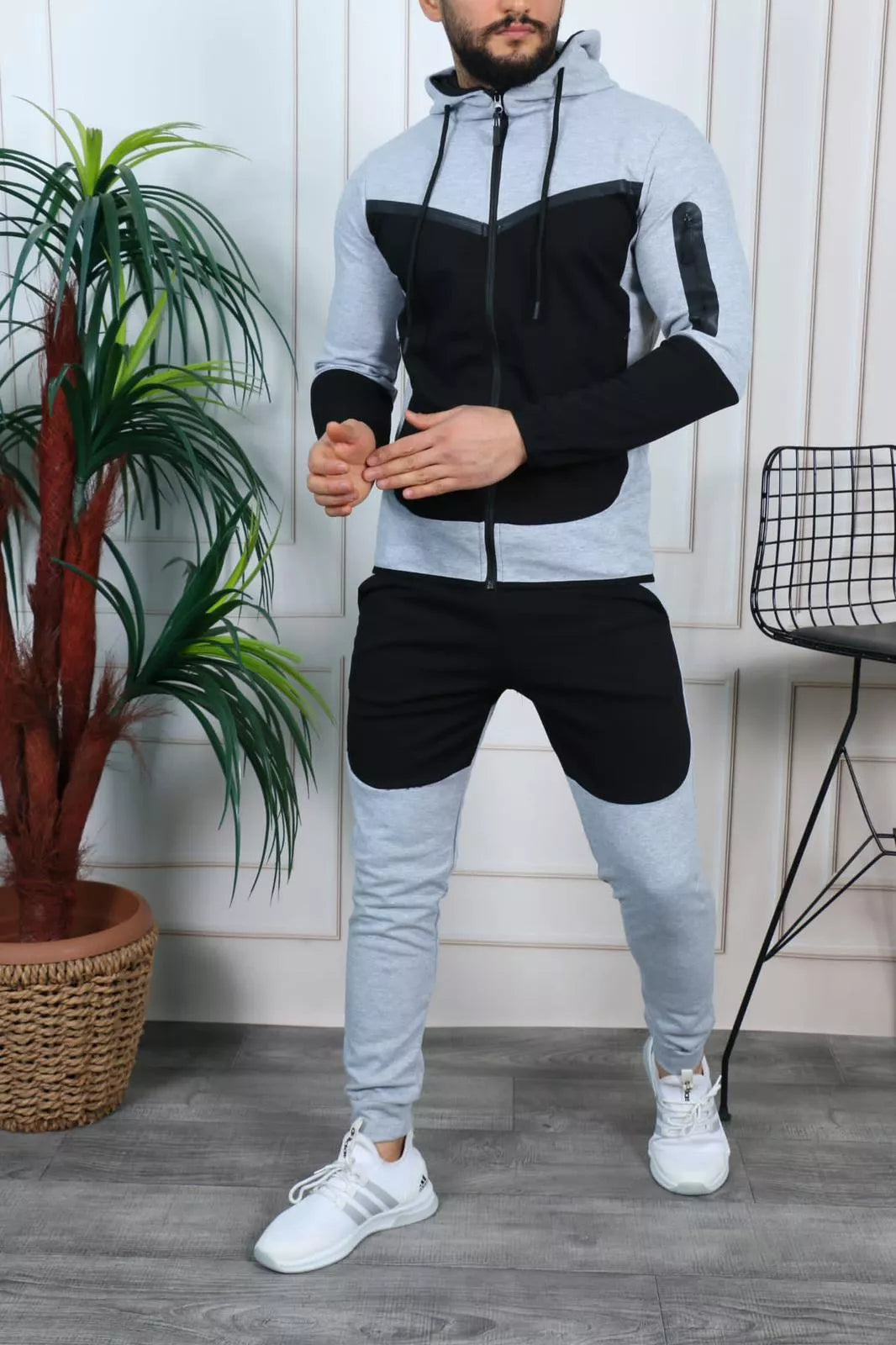 Vīriešu sporta komplekts gaiši pelēks - melns Rener