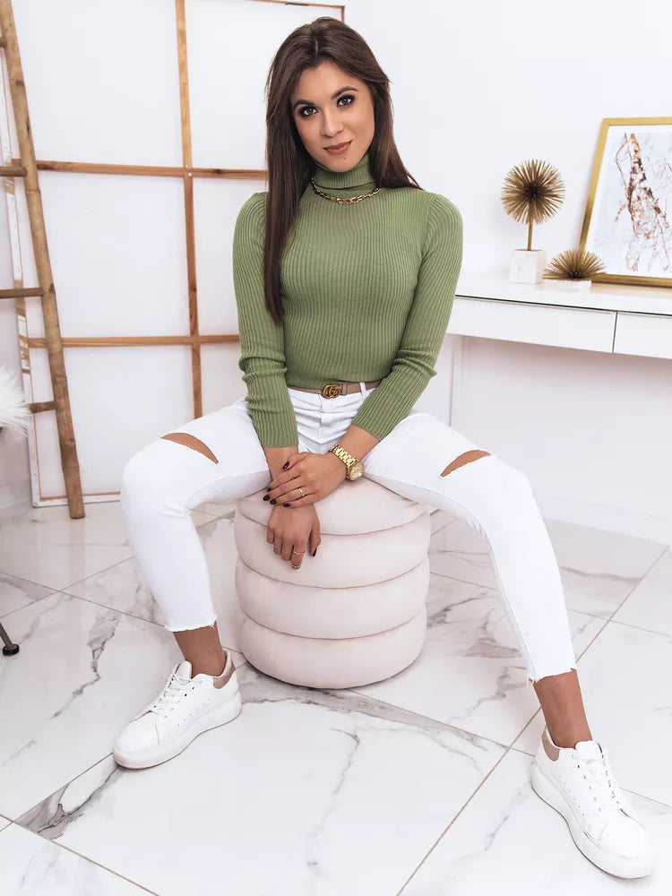 Zaļš džemperis ar augstu apkakli un sudraba krāsā